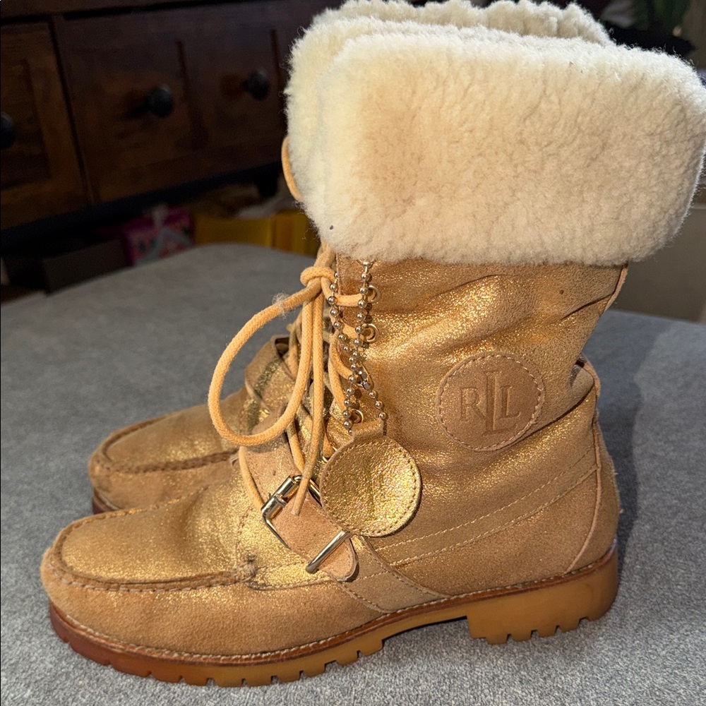 Lauren Ralph Lauren Metallic Tan Lace-Up Shearling Boots - Picture 4 of 7